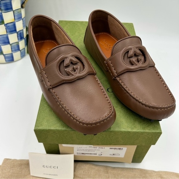 Men’s Gucci interlocking G leather driver loafers size 7 fits eight US